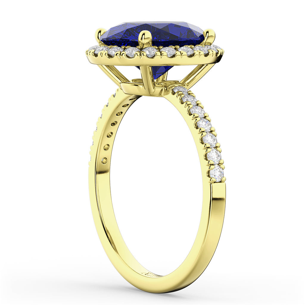 Oval Cut Halo Blue Sapphire & Diamond Engagement Ring 14K Yellow Gold 3.66ct
