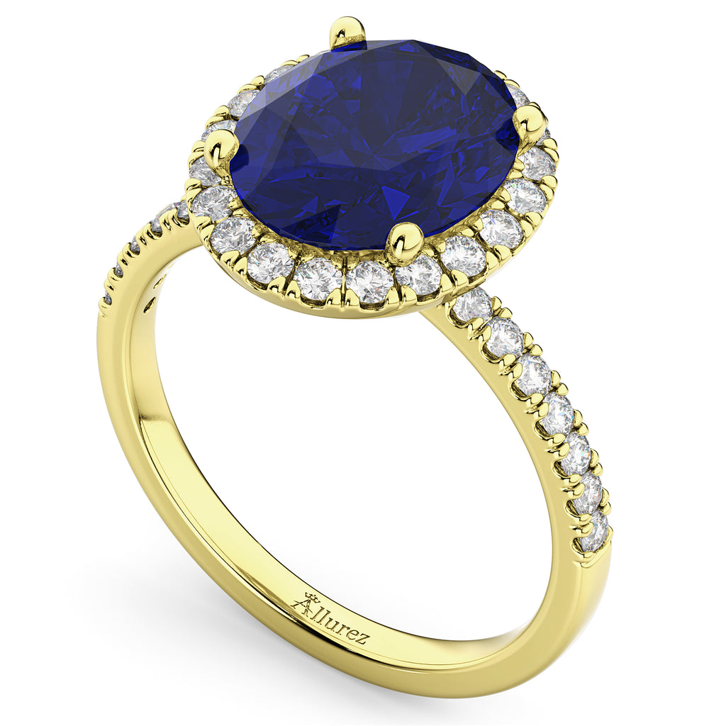 Oval Cut Halo Blue Sapphire & Diamond Engagement Ring 14K Yellow Gold 3.66ct