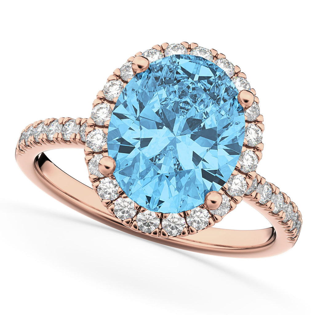 Oval Cut Halo Blue Topaz & Diamond Engagement Ring 14K Rose Gold 4.01ct