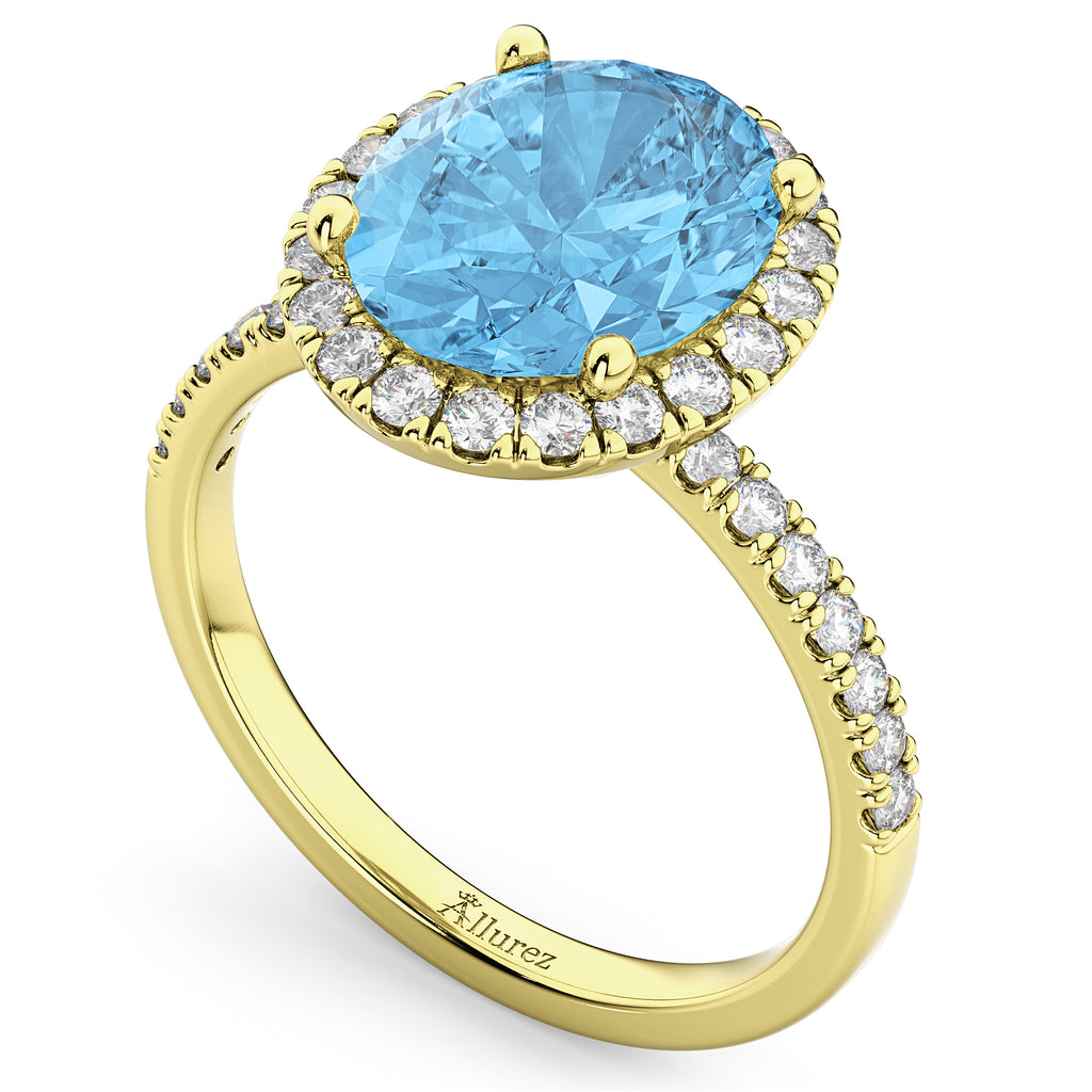 Oval Cut Halo Blue Topaz & Diamond Engagement Ring 14K Yellow Gold 4.01ct