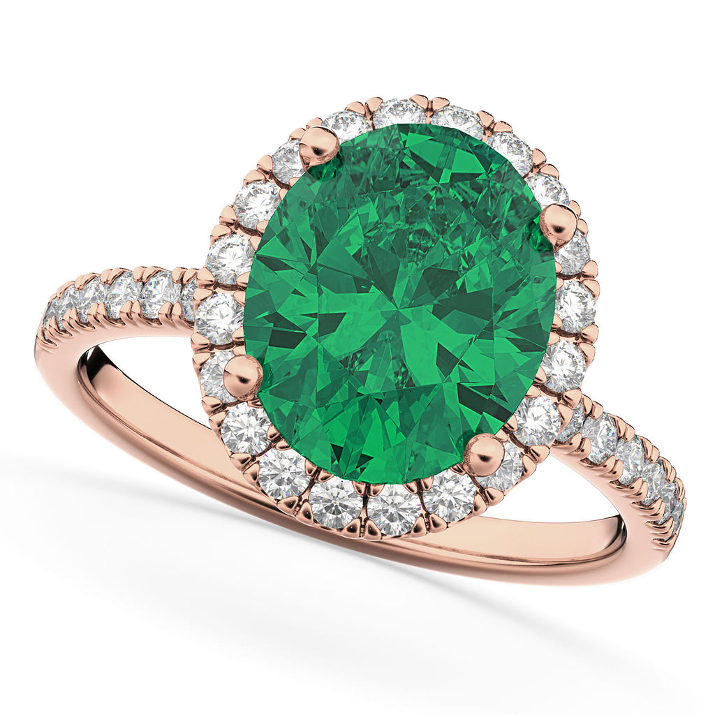 Oval Cut Halo Emerald & Diamond Engagement Ring 14K Rose Gold 3.11ct