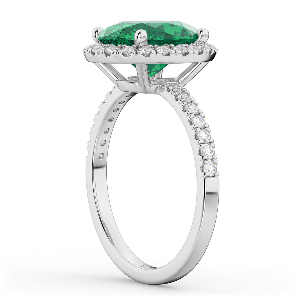 Oval Cut Halo Emerald & Diamond Engagement Ring 14K White Gold 3.11ct