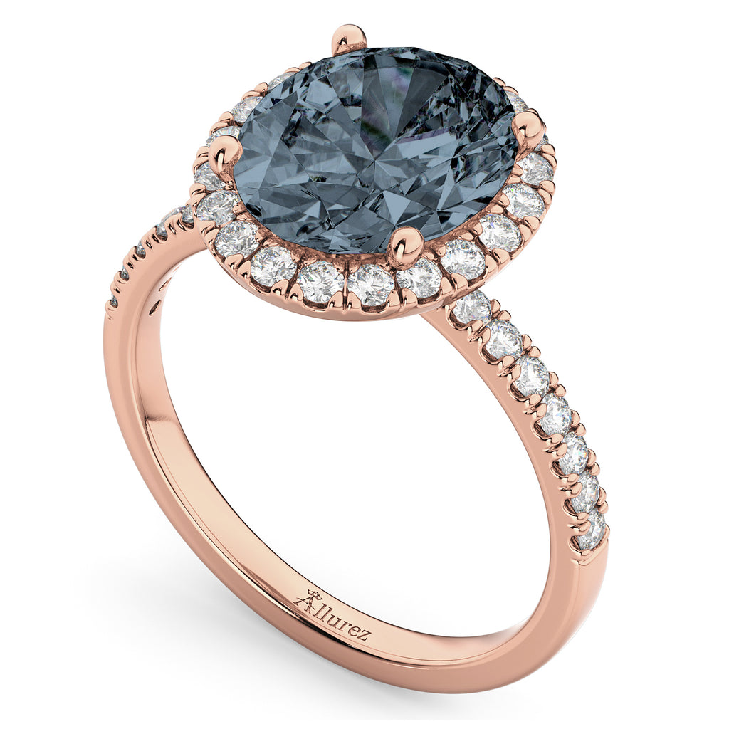 Oval Cut Halo Gray Spinel & Diamond Engagement Ring 14K Rose Gold 3.31ct