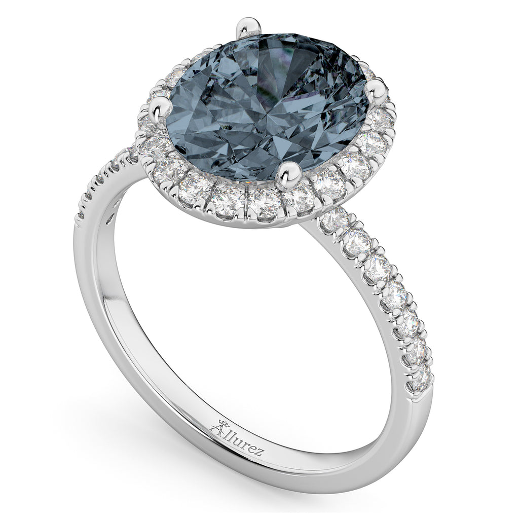 Oval Cut Halo Gray Spinel & Diamond Engagement Ring 14K White Gold 3.31ct
