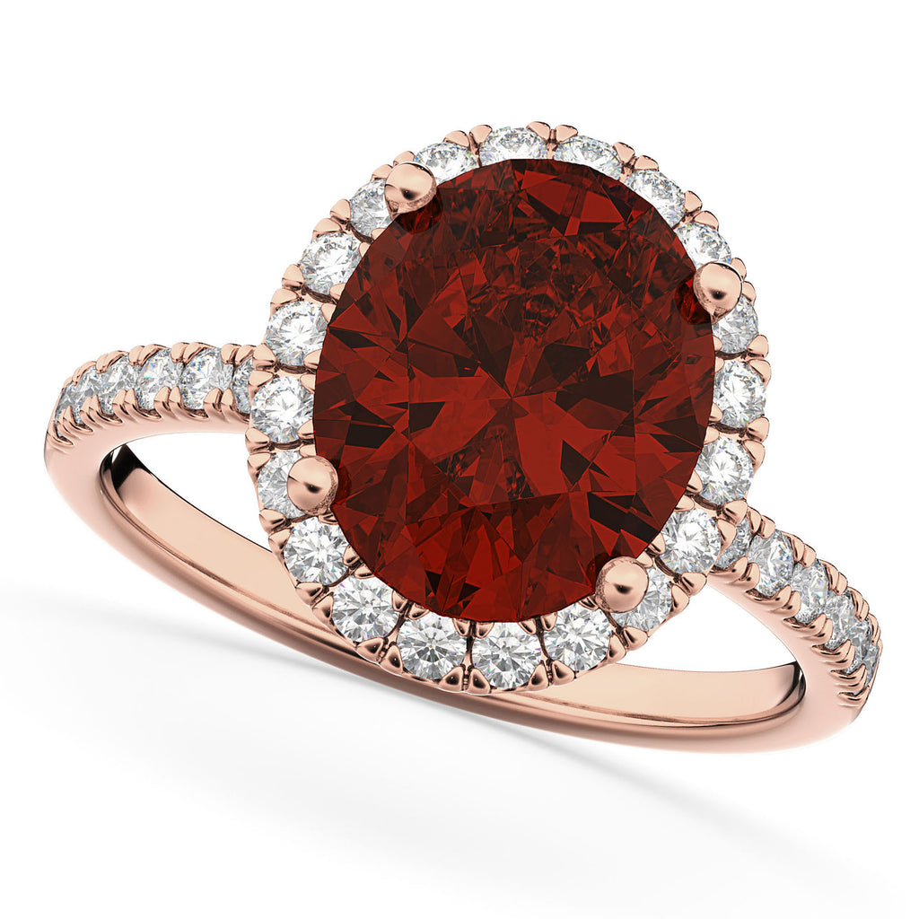 Oval Cut Halo Garnet & Diamond Engagement Ring 14K Rose Gold 3.31ct