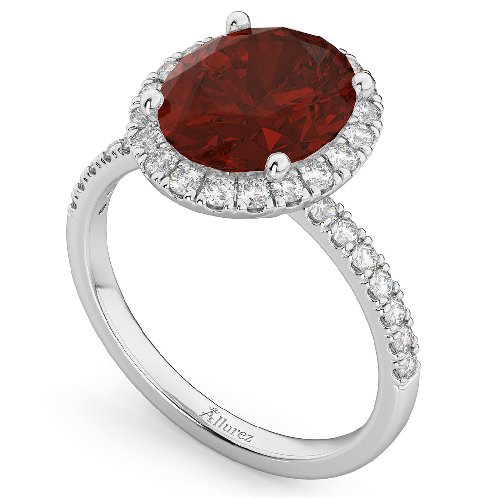 Oval Cut Halo Garnet & Diamond Engagement Ring 14K White Gold 3.31ct
