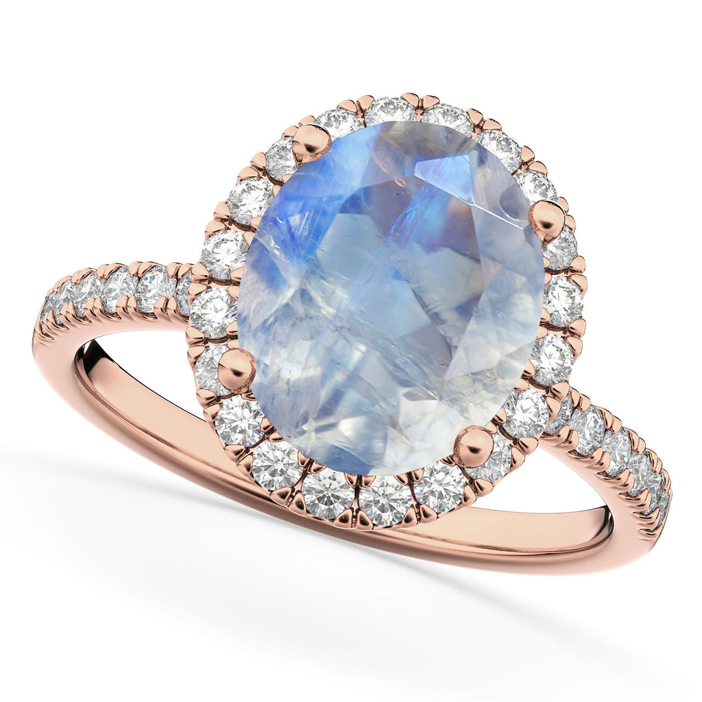 Oval Cut Halo Moonstone & Diamond Engagement Ring 14K Rose Gold 3.31ct