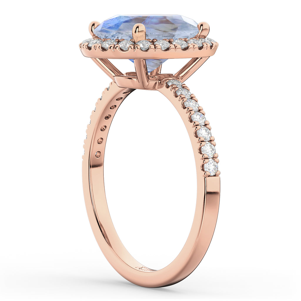 Oval Cut Halo Moonstone & Diamond Engagement Ring 14K Rose Gold 3.31ct