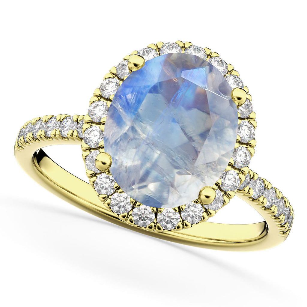 Oval Cut Halo Moonstone & Diamond Engagement Ring 14K Yellow Gold 3.31ct
