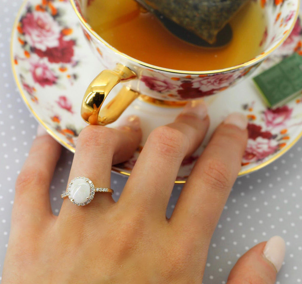 Oval Cut Halo Opal & Diamond Engagement Ring 14K Rose Gold 2.16ct