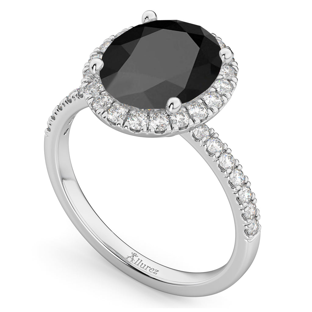 Oval Cut Halo Black Onyx & Diamond Engagement Ring 14K White Gold 2.91ct