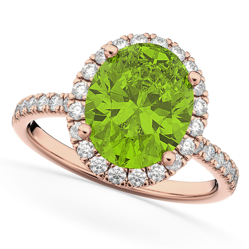 Oval Cut Halo Peridot & Diamond Engagement Ring 14K Rose Gold 3.01ct