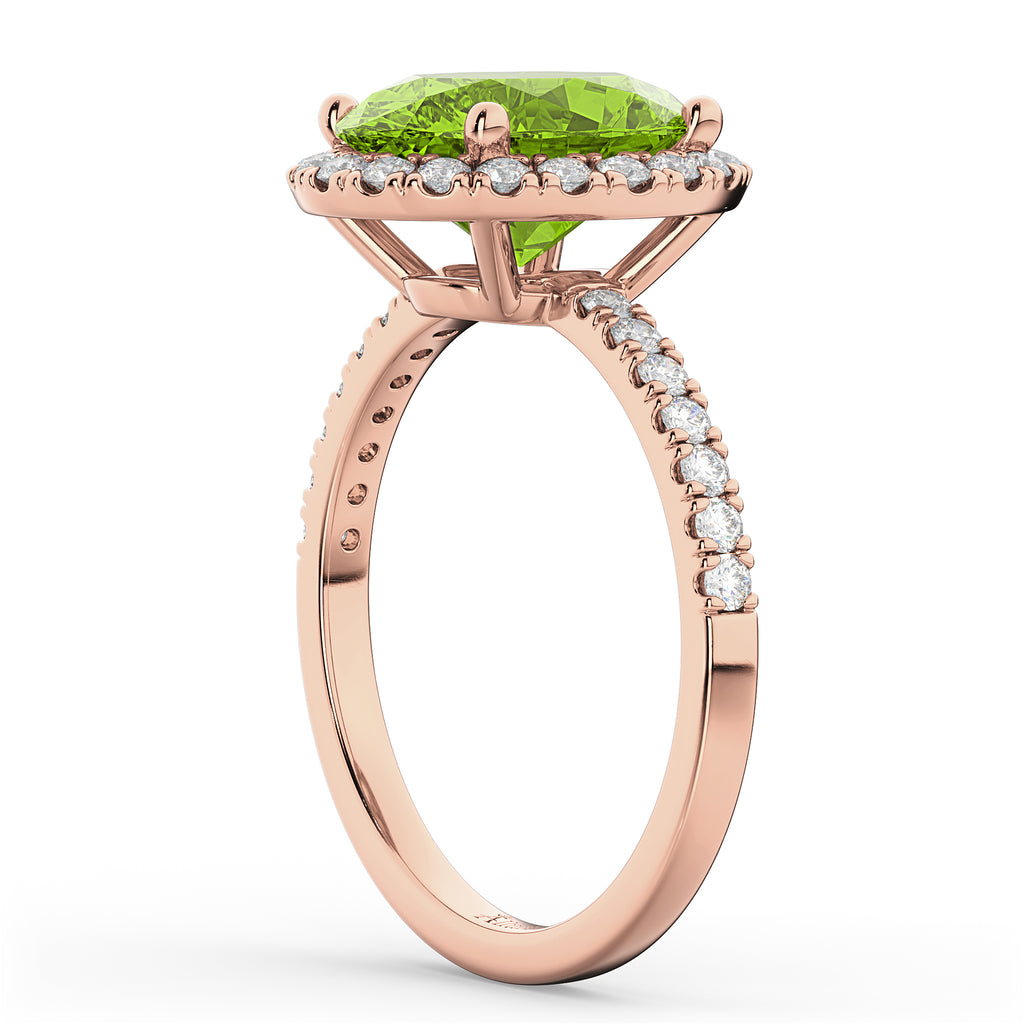 Oval Cut Halo Peridot & Diamond Engagement Ring 14K Rose Gold 3.01ct