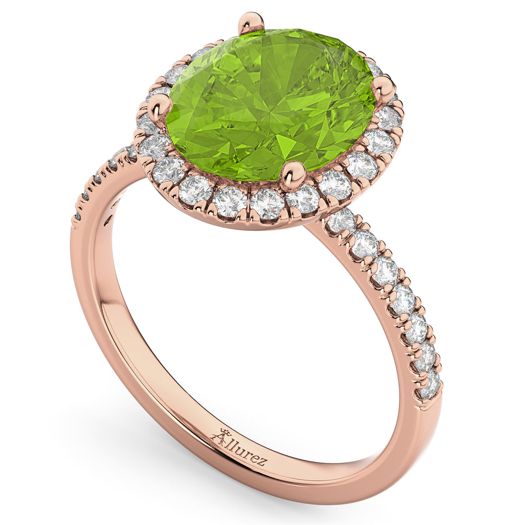 Oval Cut Halo Peridot & Diamond Engagement Ring 14K Rose Gold 3.01ct