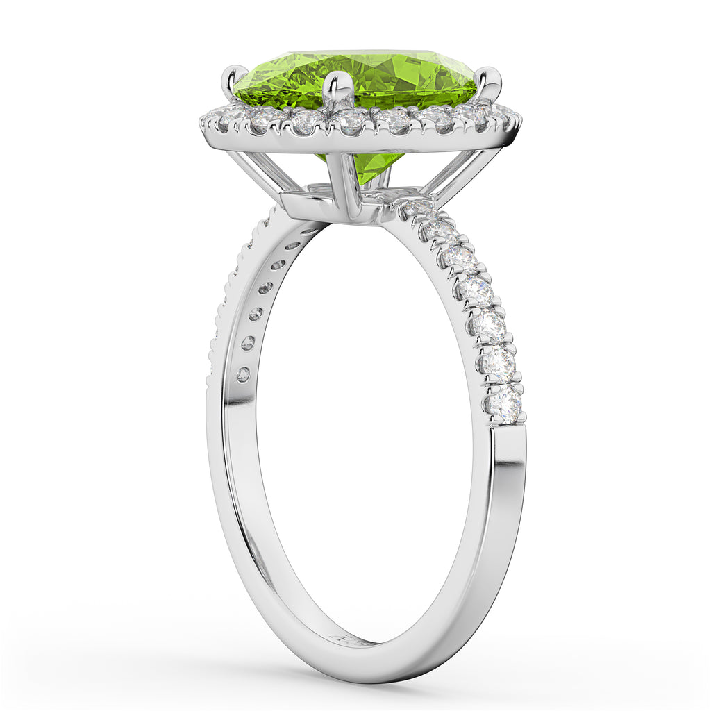 Oval Cut Halo Peridot & Diamond Engagement Ring 14K White Gold 3.01ct