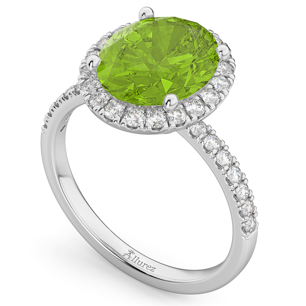Oval Cut Halo Peridot & Diamond Engagement Ring 14K White Gold 3.01ct