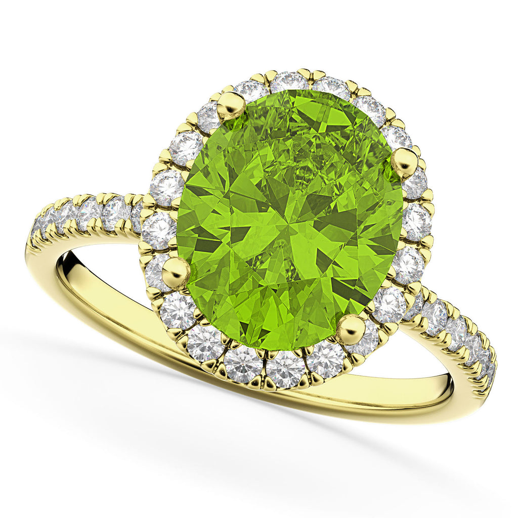 Oval Cut Halo Peridot & Diamond Engagement Ring 14K Yellow Gold 3.01ct