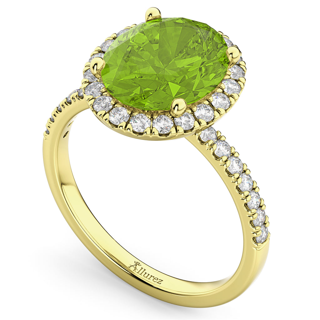Oval Cut Halo Peridot & Diamond Engagement Ring 14K Yellow Gold 3.01ct