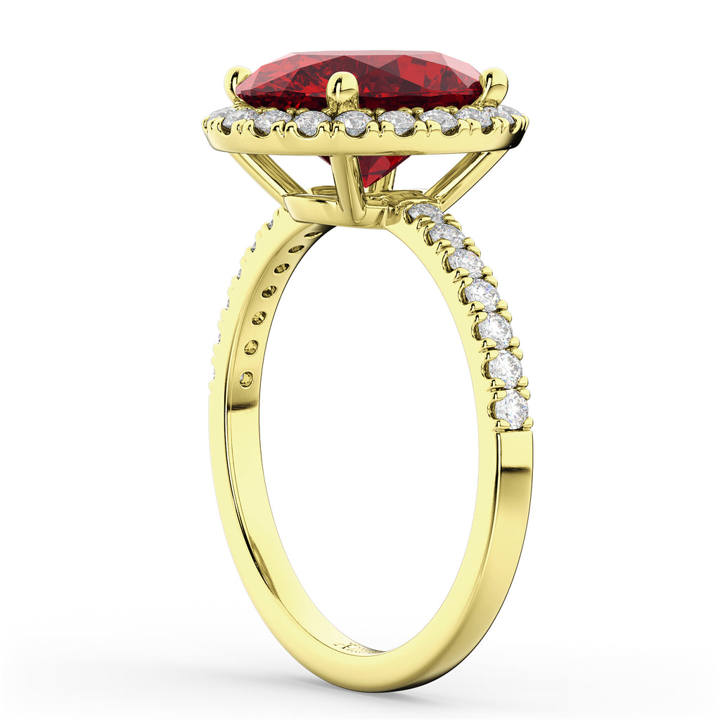 Oval Cut Halo Ruby & Diamond Engagement Ring 14K Yellow Gold 3.66ct