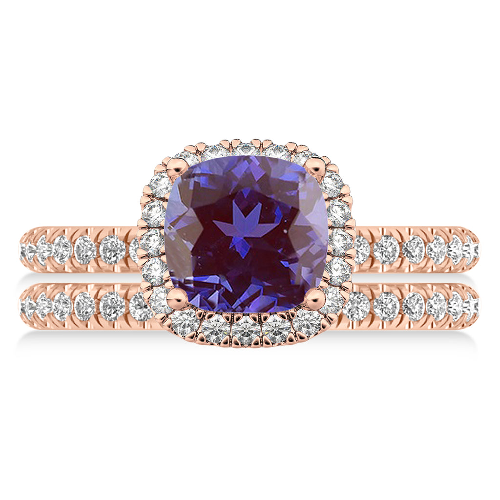 Lab Alexandrite & Diamonds Cushion-Cut Halo Bridal Set 14K Rose Gold (3.38ct)