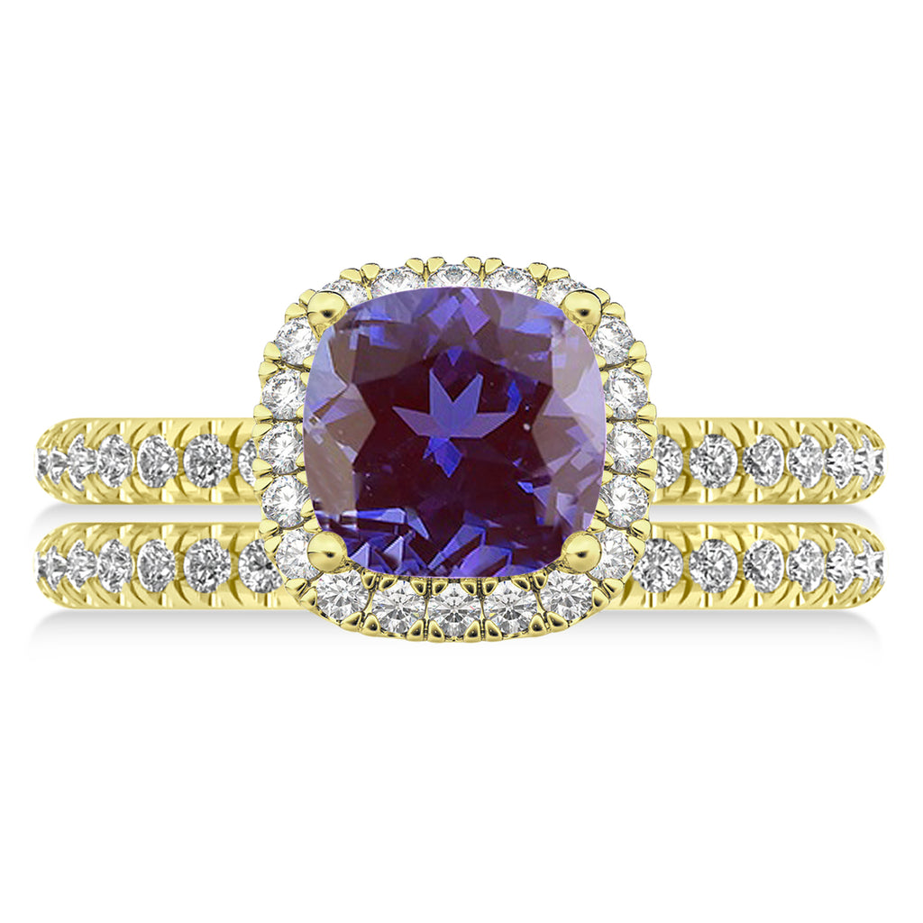 Lab Alexandrite & Diamonds Cushion-Cut Halo Bridal Set 14K Yellow Gold (3.38ct)