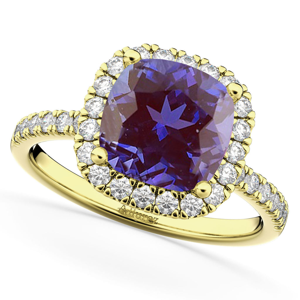 Lab Alexandrite & Diamonds Cushion-Cut Halo Bridal Set 14K Yellow Gold (3.38ct)