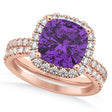 Amethyst & Diamonds Cushion-Cut Halo Bridal Set 14K Rose Gold (3.38ct)