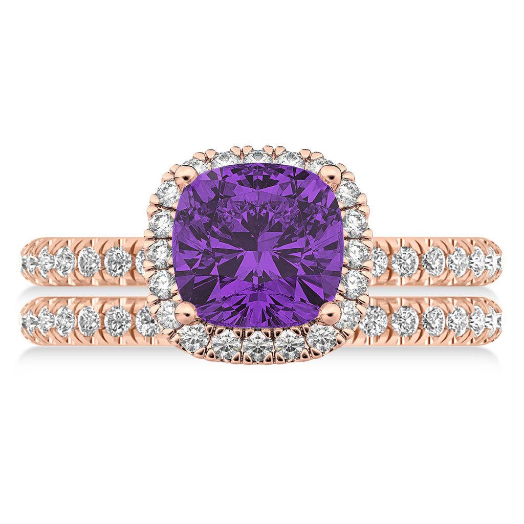 Amethyst & Diamonds Cushion-Cut Halo Bridal Set 14K Rose Gold (3.38ct)