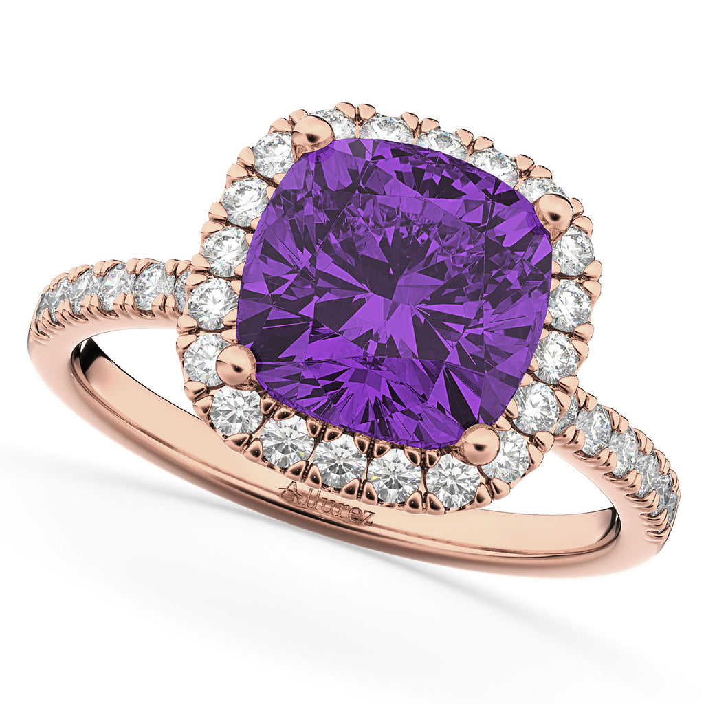 Amethyst & Diamonds Cushion-Cut Halo Bridal Set 14K Rose Gold (3.38ct)