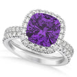 Amethyst & Diamonds Cushion-Cut Halo Bridal Set 14K White Gold (3.38ct)