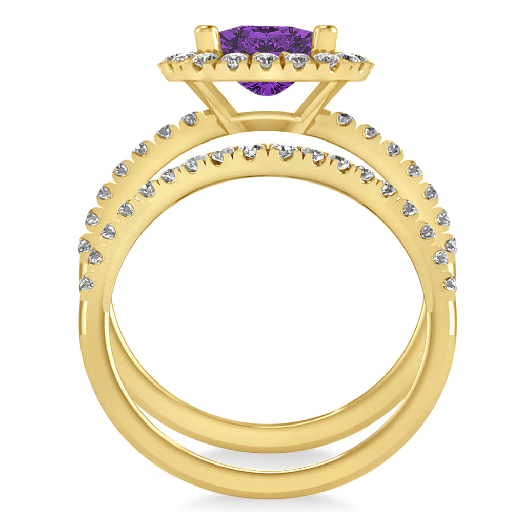 Amethyst & Diamonds Cushion-Cut Halo Bridal Set 14K Yellow Gold (3.38ct)