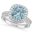 Aquamarine & Diamonds Cushion-Cut Halo Bridal Set 14K White Gold (3.38ct)