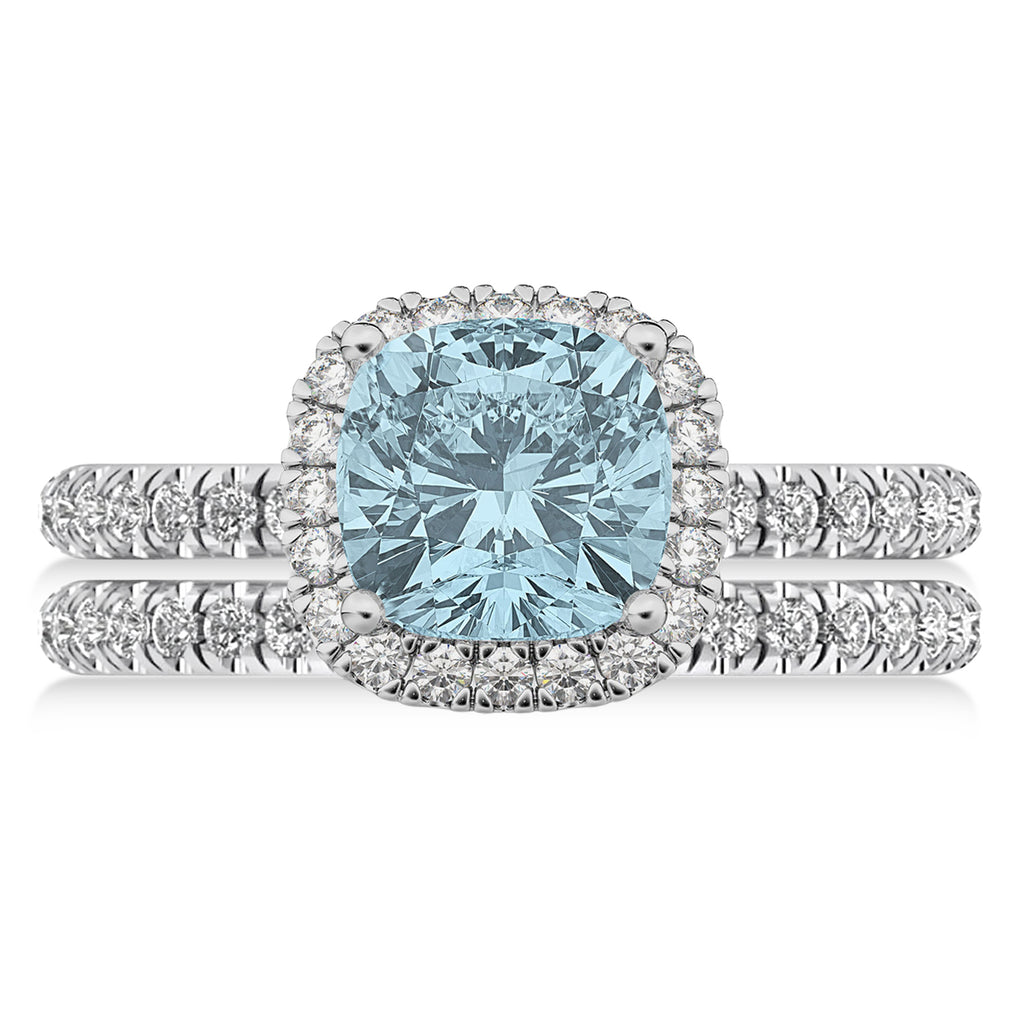 Aquamarine & Diamonds Cushion-Cut Halo Bridal Set 14K White Gold (3.38ct)