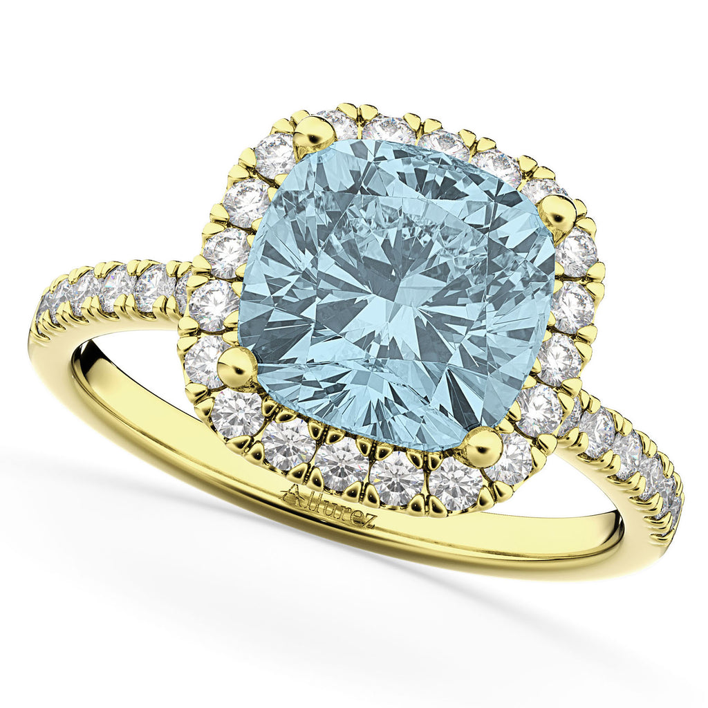 Aquamarine & Diamonds Cushion-Cut Halo Bridal Set 14K Yellow Gold (3.38ct)