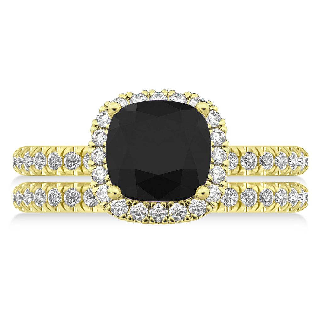 Black & White Diamonds Cushion-Cut Halo Bridal Set 14K Yellow Gold (2.82ct)