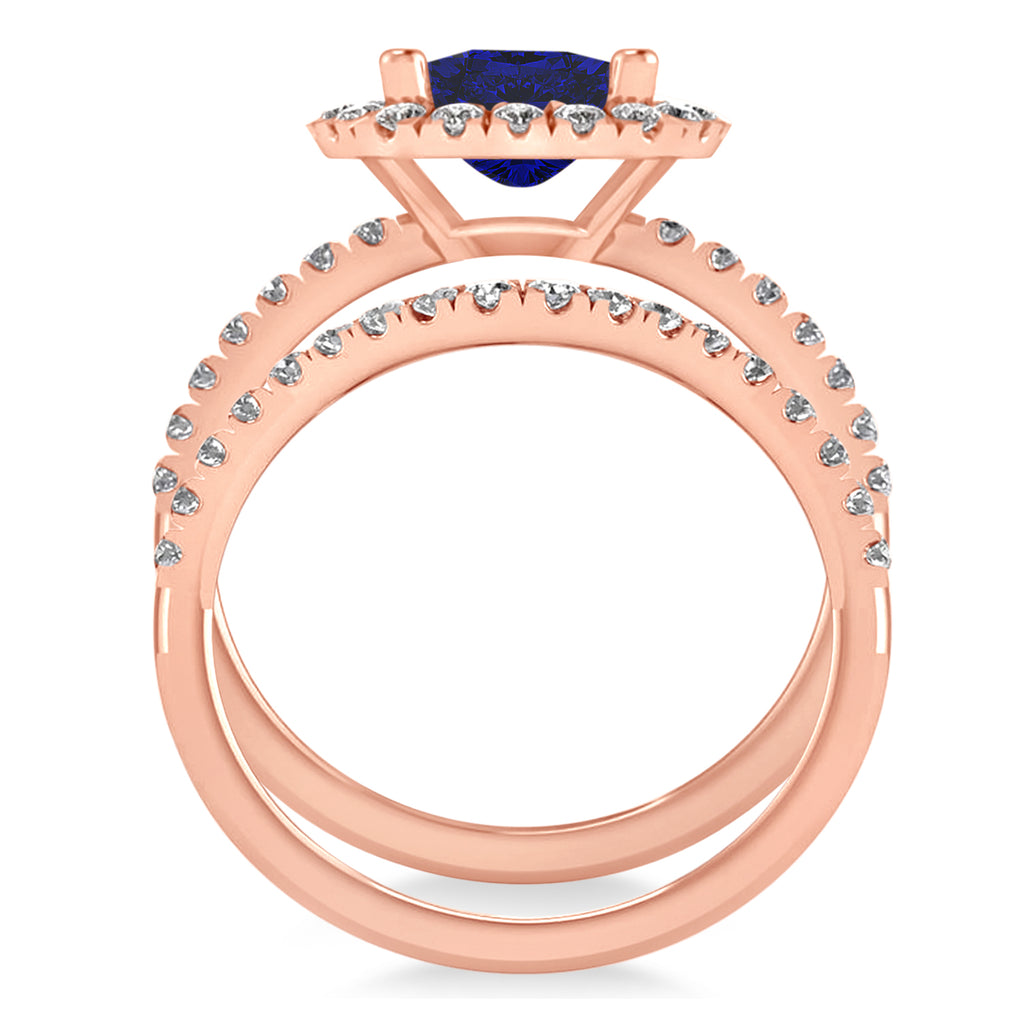 Lab Blue Sapphire & Lab Diamonds Cushion-Cut Halo Bridal Set 14K Rose Gold (3.38ct)