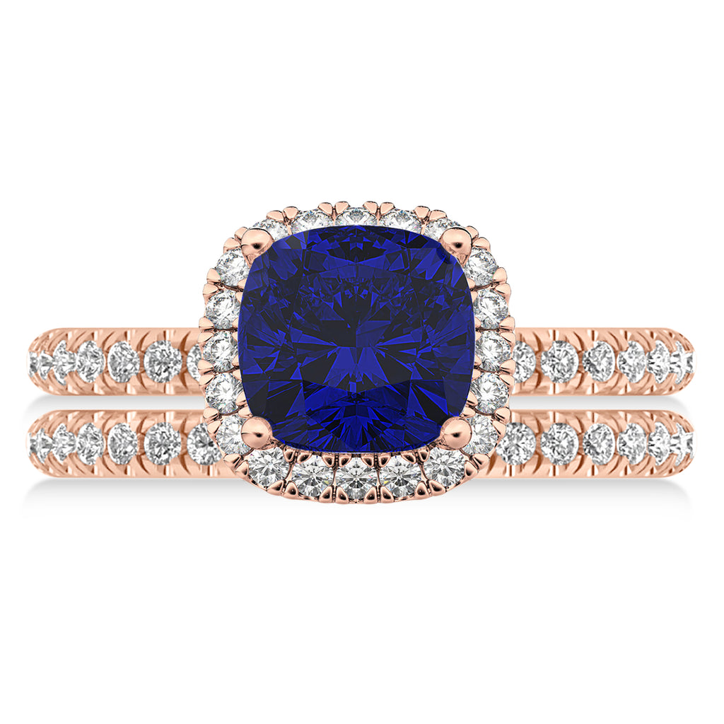 Lab Blue Sapphire & Lab Diamonds Cushion-Cut Halo Bridal Set 14K Rose Gold (3.38ct)