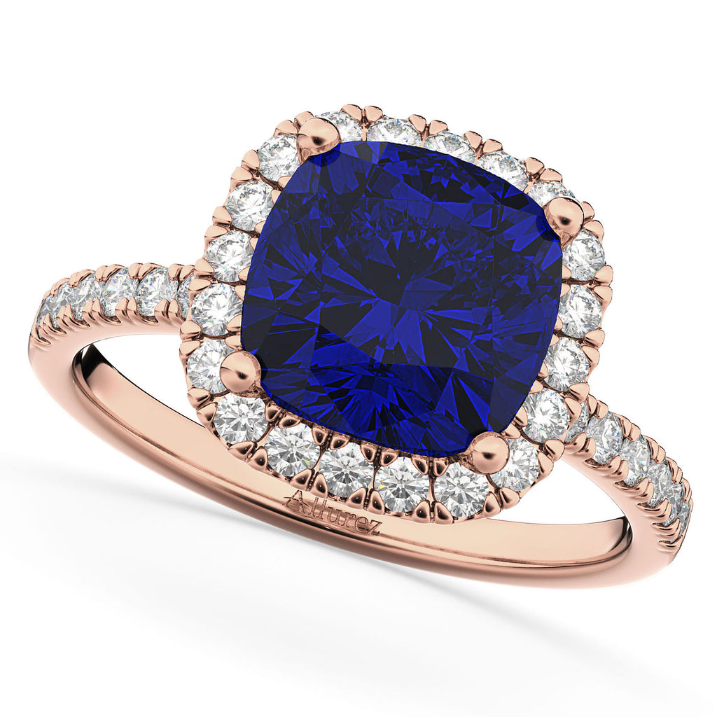 Lab Blue Sapphire & Lab Diamonds Cushion-Cut Halo Bridal Set 14K Rose Gold (3.38ct)