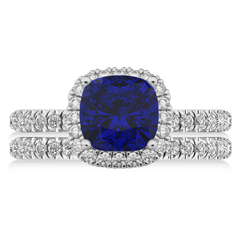 Lab Blue Sapphire & Lab Diamonds Cushion-Cut Halo Bridal Set 14K White Gold (3.38ct)