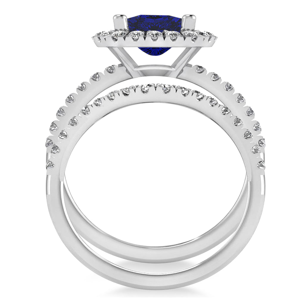 Blue Sapphire & Diamonds Cushion-Cut Halo Bridal Set 14K White Gold (3.38ct)