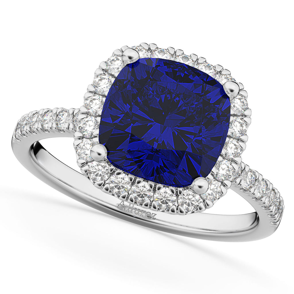 Blue Sapphire & Diamonds Cushion-Cut Halo Bridal Set 14K White Gold (3.38ct)