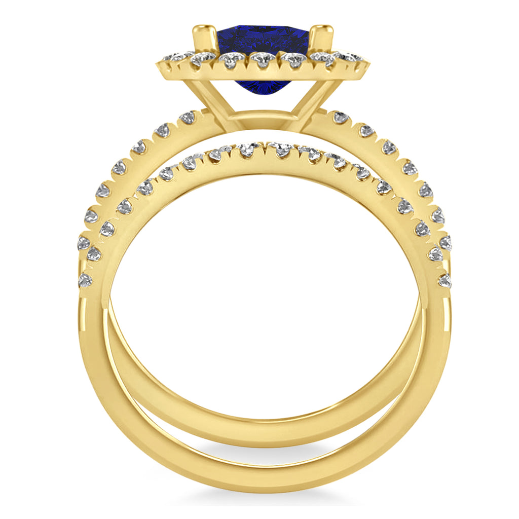Blue Sapphire & Diamonds Cushion-Cut Halo Bridal Set 14K Yellow Gold (3.38ct)