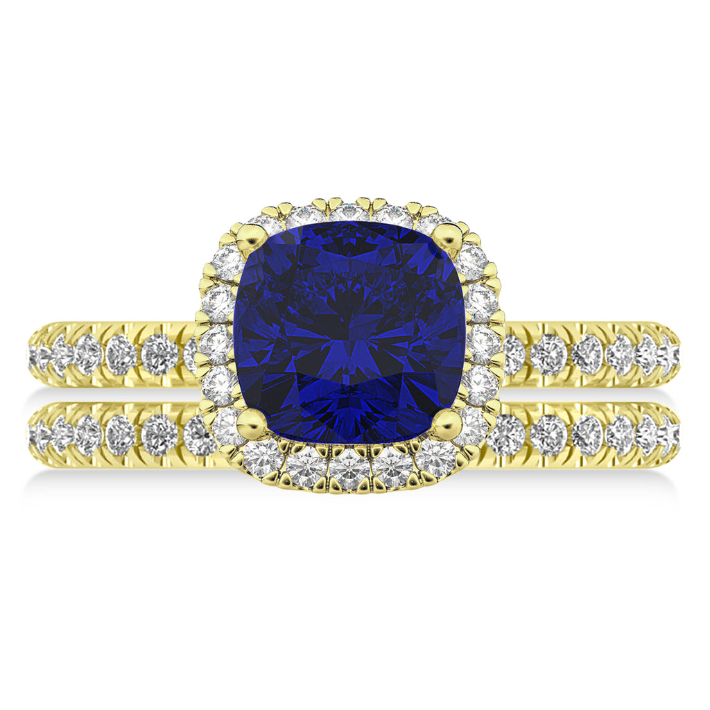 Blue Sapphire & Diamonds Cushion-Cut Halo Bridal Set 14K Yellow Gold (3.38ct)