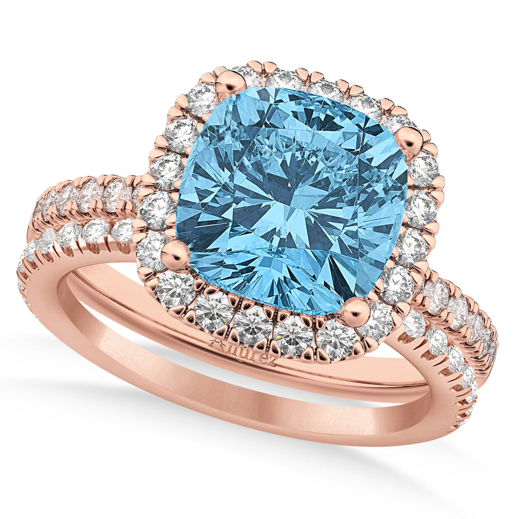 Blue Topaz & Diamonds Cushion-Cut Halo Bridal Set 14K Rose Gold (3.38ct)