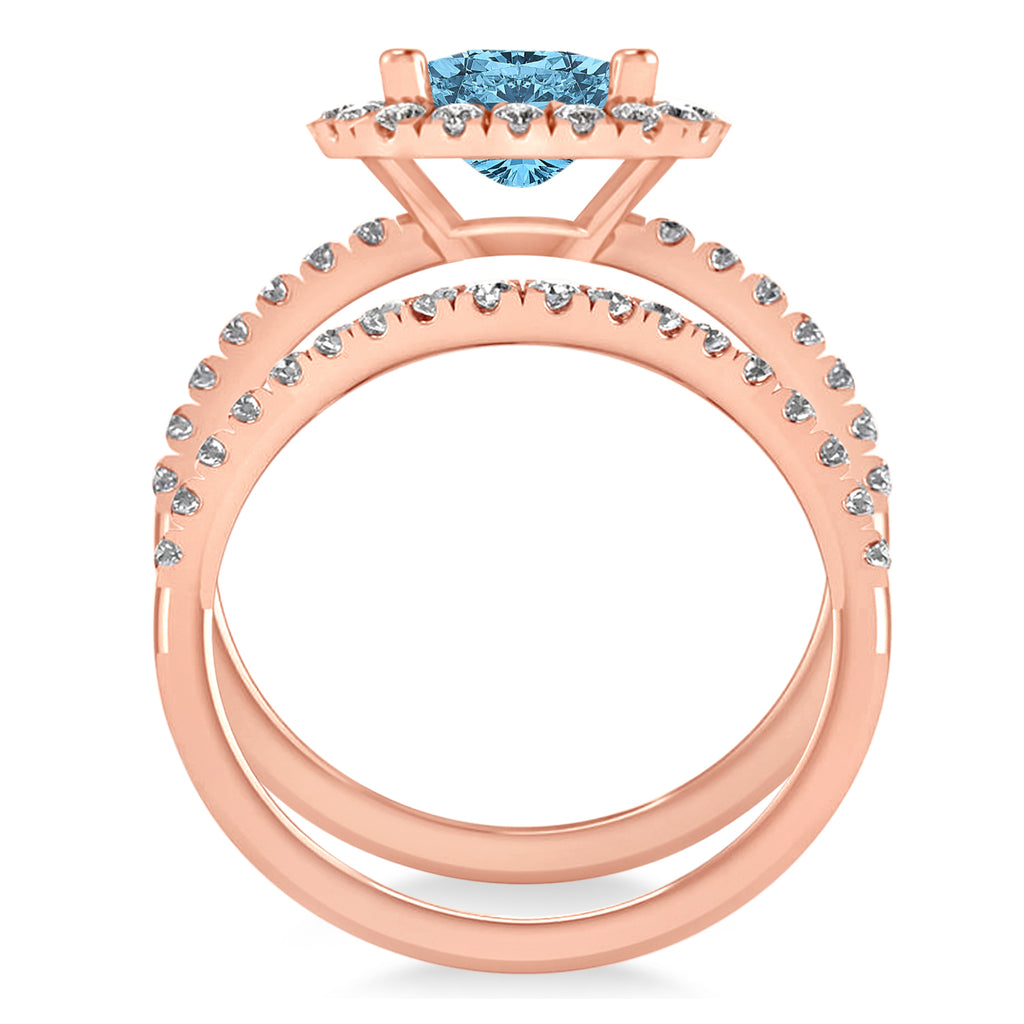 Blue Topaz & Diamonds Cushion-Cut Halo Bridal Set 14K Rose Gold (3.38ct)