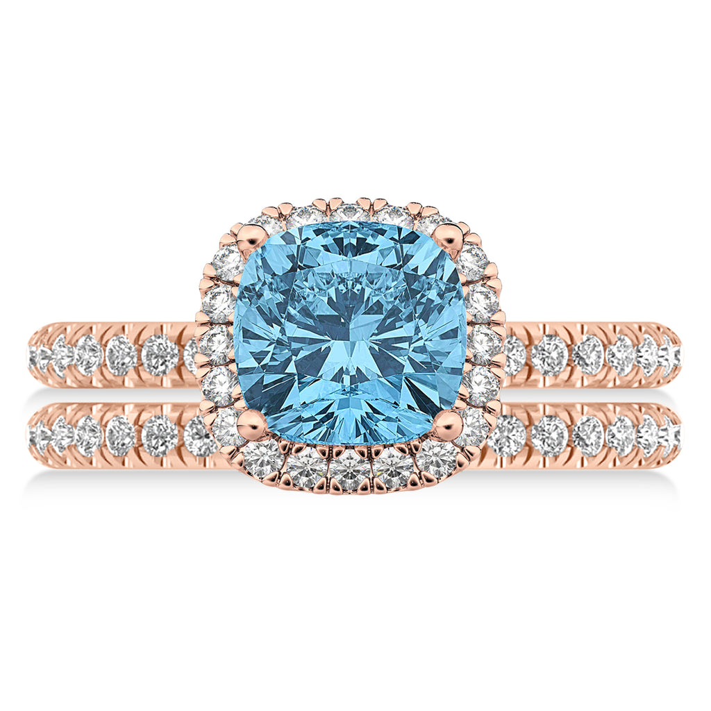 Blue Topaz & Diamonds Cushion-Cut Halo Bridal Set 14K Rose Gold (3.38ct)