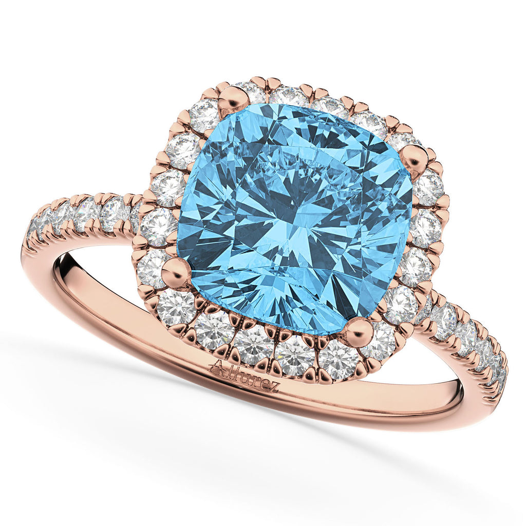 Blue Topaz & Diamonds Cushion-Cut Halo Bridal Set 14K Rose Gold (3.38ct)