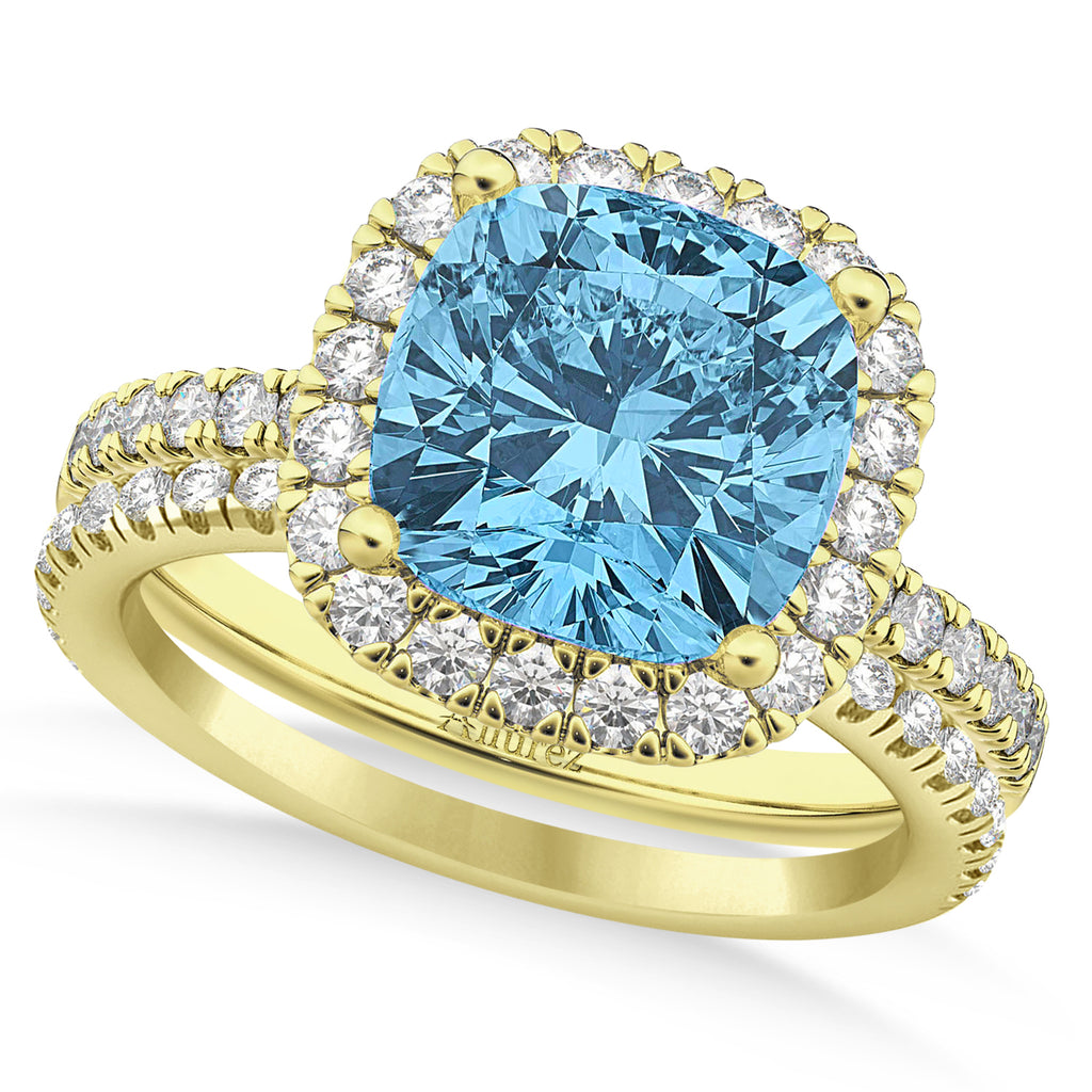 Blue Topaz & Diamonds Cushion-Cut Halo Bridal Set 14K Yellow Gold (3.38ct)