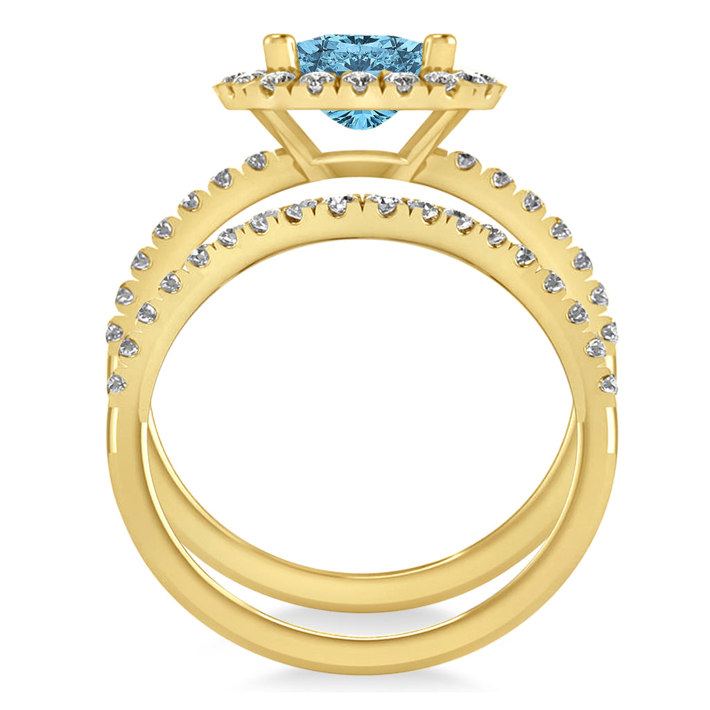 Blue Topaz & Diamonds Cushion-Cut Halo Bridal Set 14K Yellow Gold (3.38ct)