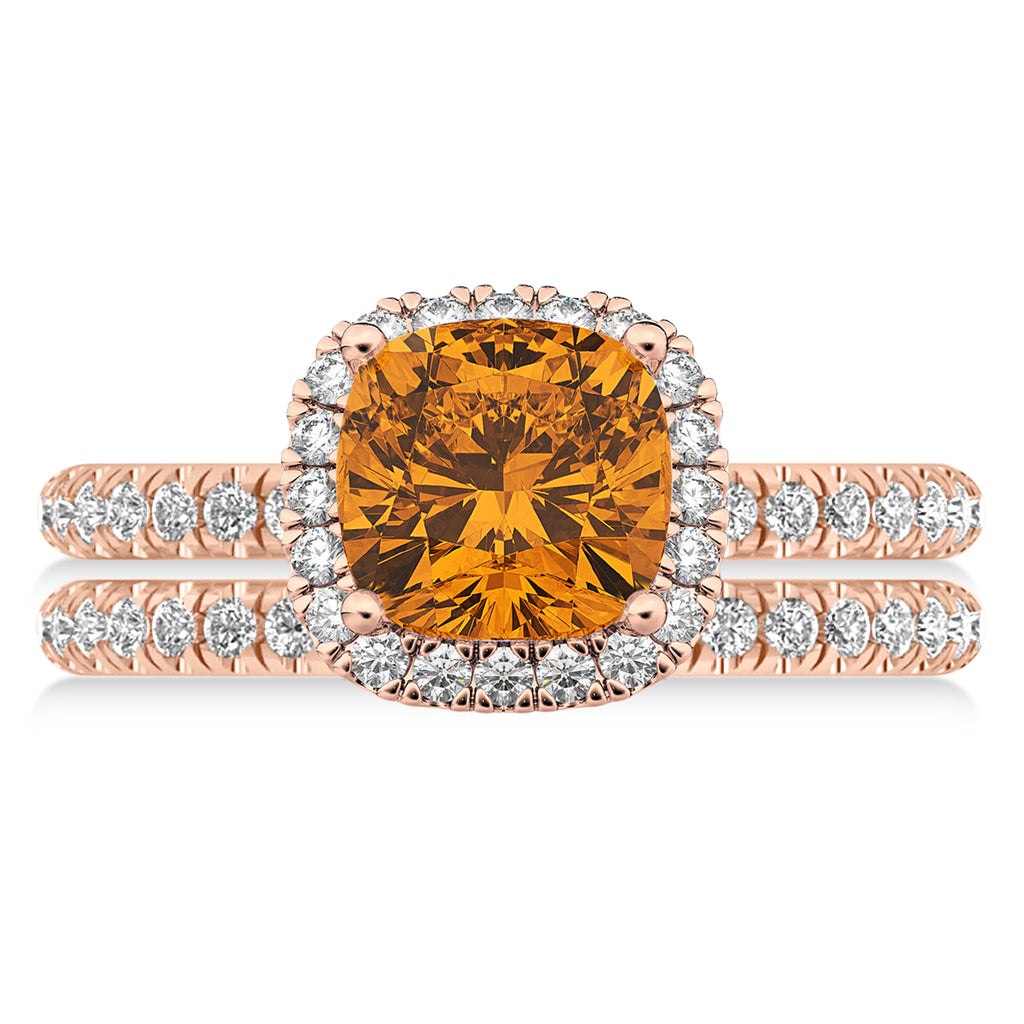Citrine & Diamonds Cushion-Cut Halo Bridal Set 14K Rose Gold (3.38ct)